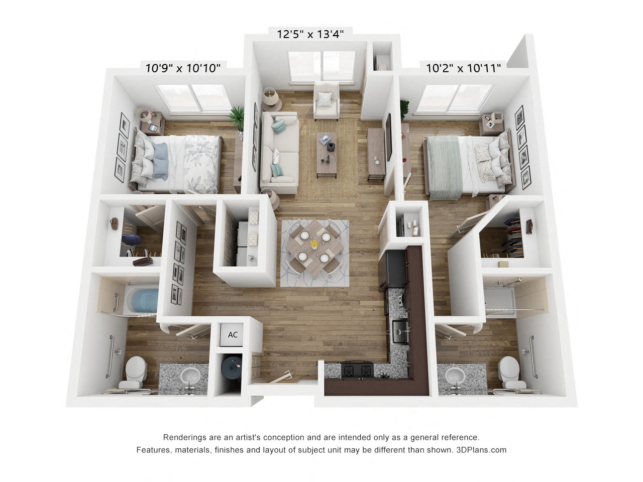 Floor plan for 2 beds, 2 baths, 873 sqft